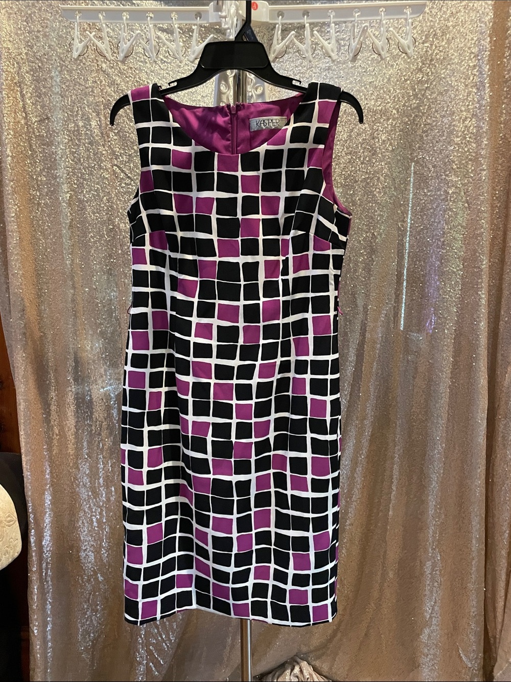 Kasper Black White and Purple Geometric Sheath Dress